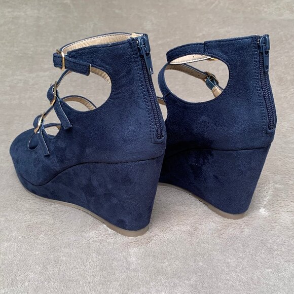 Journee Collection Navy Blue Microsuede Strappy Demi Wedges - Picture 11 of 16